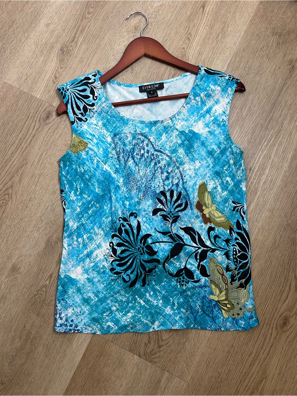 Citron Santa Monica 100% Silk Bright Blue Butterfly Tank Top